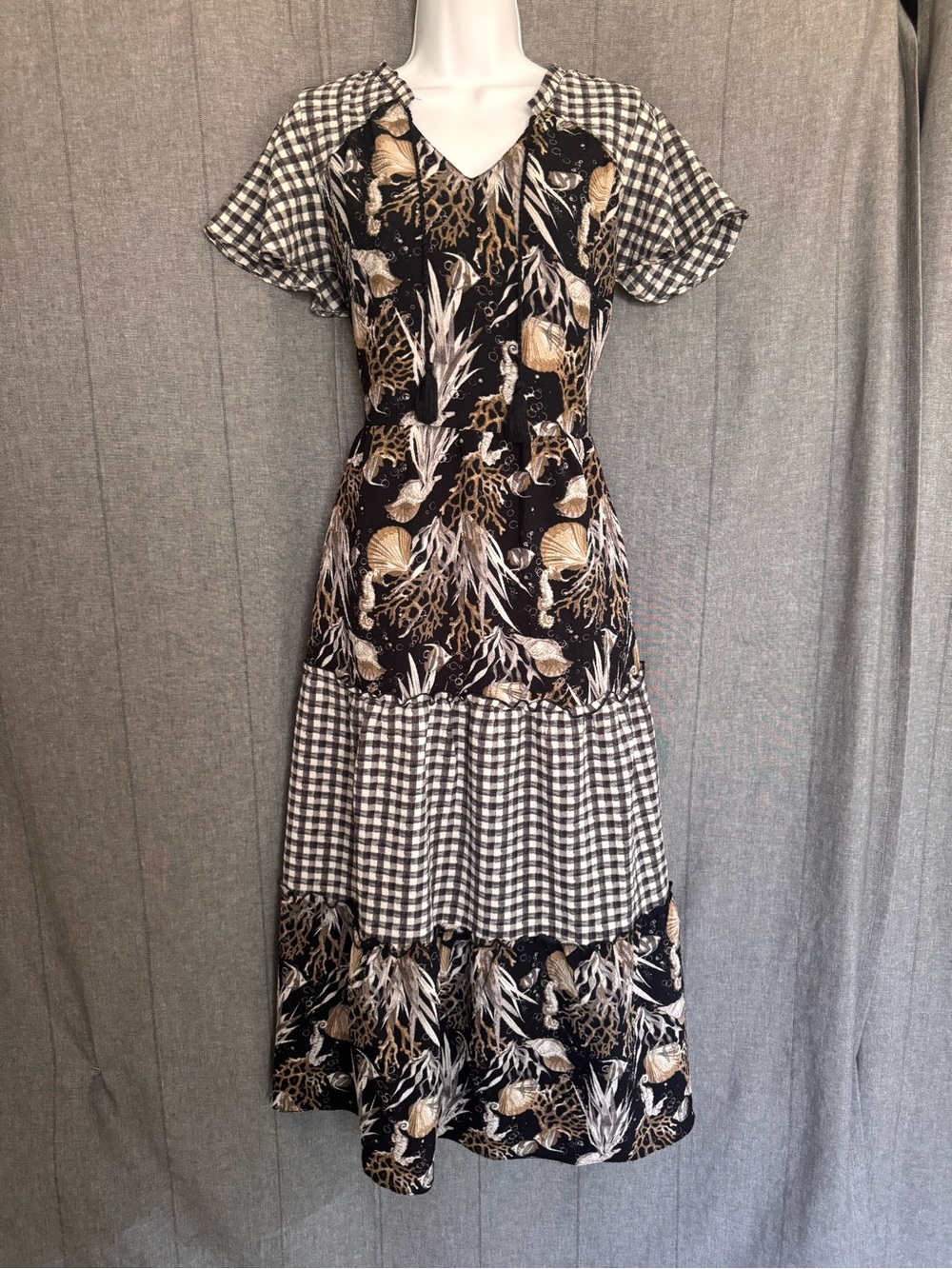 Gingham Seashell Print Maxi Dress Womens Sm Coastal Beach Travel Resort Summer